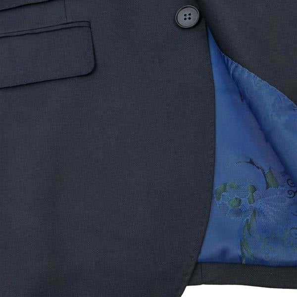 Navy PAMONI two-button 3-piece suit displayed on a hanger, featuring jacket, vest, and matching trousers for formal wear.