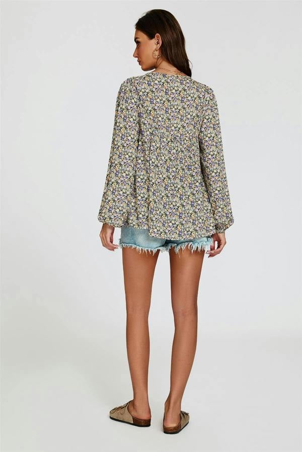 FS Collection Floral Print long sleeve Blouse Top In Purple