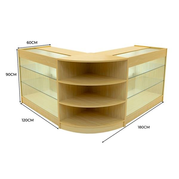 Maple Apollo LED shop counter set featuring a sleek, modern design with glass shelves and curved edges, ideal for retail displays