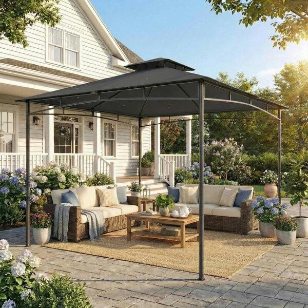 3 x 3 m Gazebo, Garden Gazebo with 2-Tier Roof, Metal Frame, Dark Grey - Dark Grey