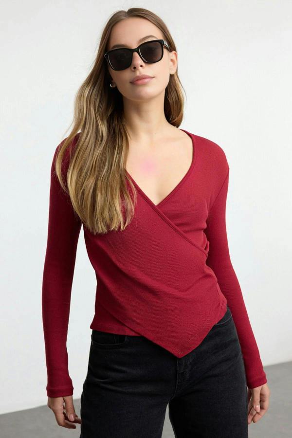 WOVCOR Double Breasted Collar Long Sleeve Ribbed Knit Blouse