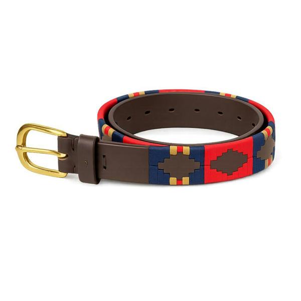 Red and navy Rydale Askwith Polo Belt with smooth leather backing and brass effect buckle.