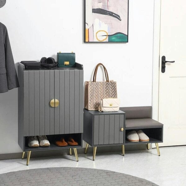 Bobobiy Modern Shoe Cabinet with 2 Doors, Open Shelf and Adjustable Shelves, 15 Pair Hallway Shoe Cupboard, Entryway Storage Unit, Grey