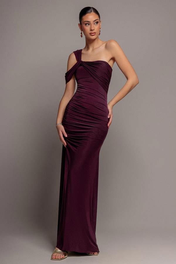 One Shoulder Asymmetric Twist Maxi Dress - Burgundy DR5089