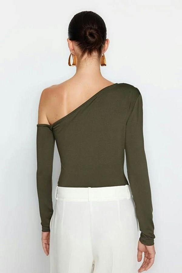WOVCOR Asymmetrical Collar Long Sleeve Knit Bodysuit