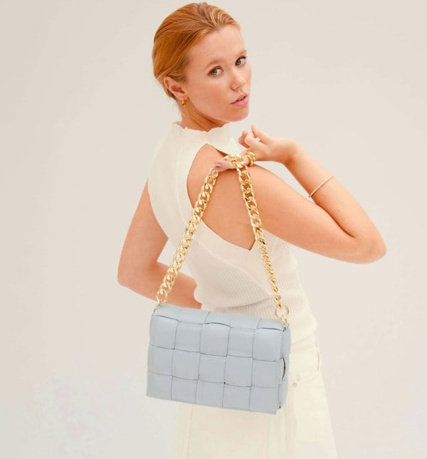 Apatchy London Padded Woven Leather Crossbody Bag with Gold Chain Strap - Blue