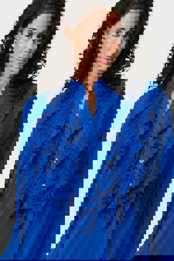 Blue | Ruffled Long Sleeve Semi Sheer Blouse
