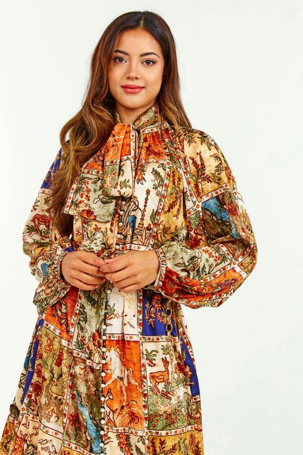 LuvForever Oriental Print Ruffle Midi Dress