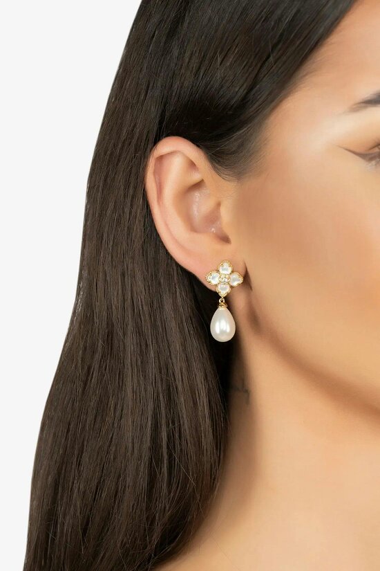 Latelita Flower Clover Pearl Drop Earrings Mother Of Pearl Gold