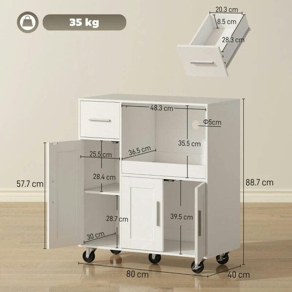Rolling Kitchen Cart, Microwave Cabinet with Sliding Tray, Drawer, 3-Door Cupboards, Adjustable Shelf, White