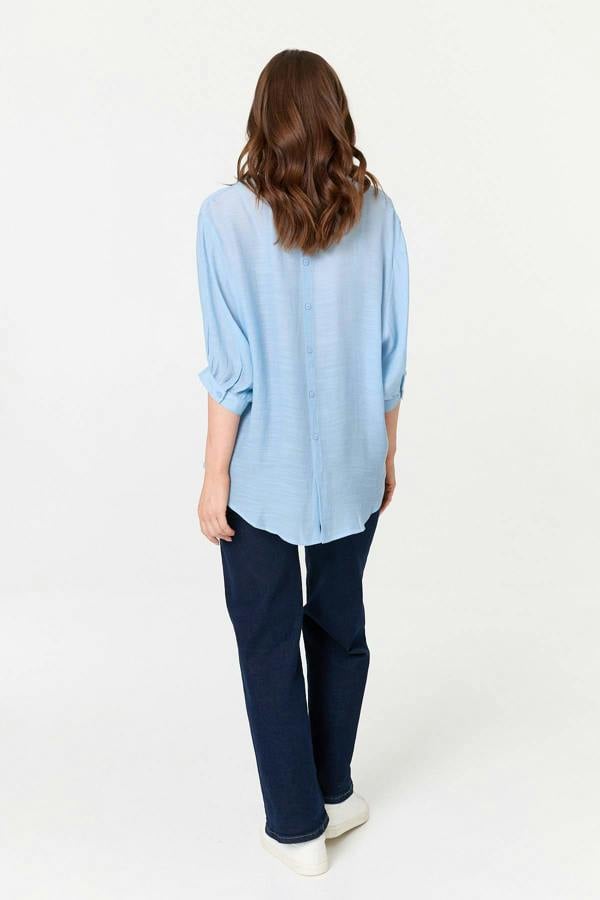 Blue | Relaxed 3/4 Sleeve Collarless Shirt
