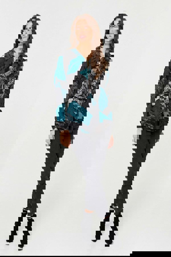 Teal | Abstract Print Zip-Front Long Sleeve Top
