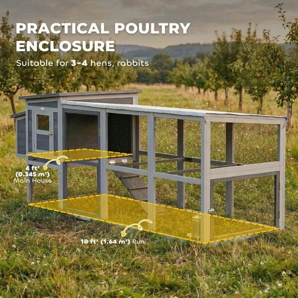 Large Chicken Coop, Wooden Hen House with Covered Run, Nesting Box, Pull-Out Tray, Opening Asphalt Roof