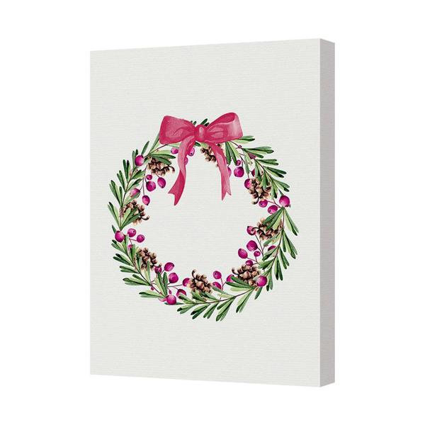 Benjamin Tate Design Winter Wreath Canvas Art Print With Pink Bow And Green Foliage