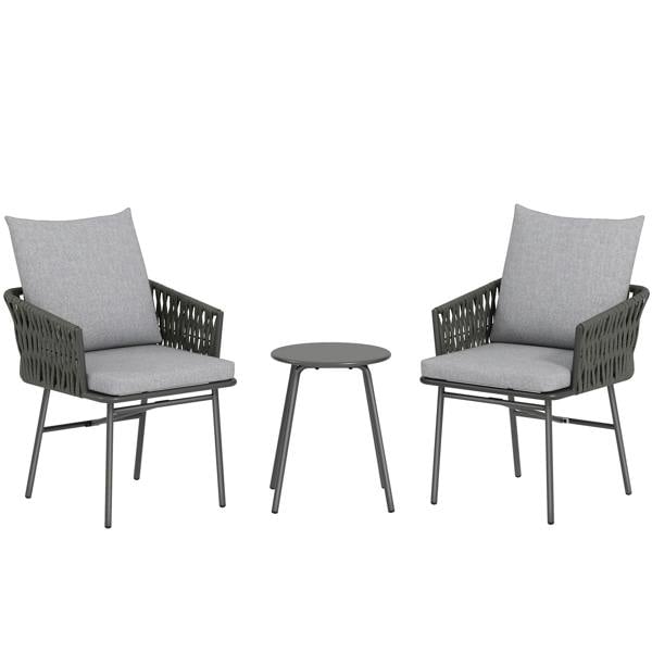 Wyld Haus Sunoco Grey Rattan Weave Rope 3 Piece Bistro Set With Cushions And Glass Coffee Table