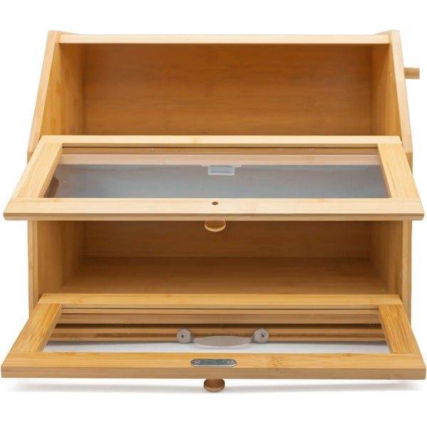 Maison des Cadeaux Large 2-Compartment Bamboo Bread Bin with Sliding Chopping Board