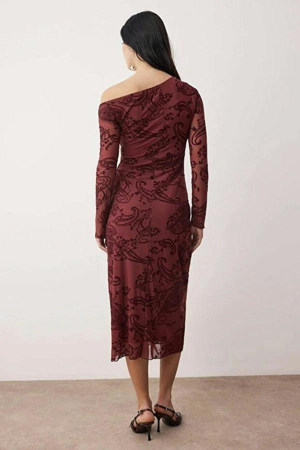 WOVCOR Dropped Sleeve Bodycon Flocked Tulle Midi Knit Dress