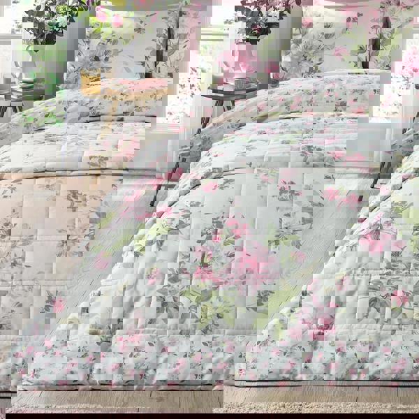 Catherine Lansfield Avebury Floral Reversible Quilted Bedspread Cream