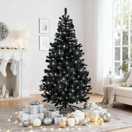 Shatchi 4FT to 8FT Pre-Lit Alaskan Pine Artificial Christmas Trees in Black with Cool White LEDs - 6FT - PVC - Black