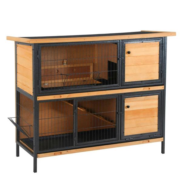 Outdoor rabbit hutch with light wood panels, dark metal frame, wire mesh enclosure, front doors