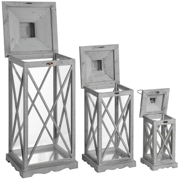 Hill Interiors Wooden Traditional Cross Section Candle Lanterns (Set Of 3) - Grey - 