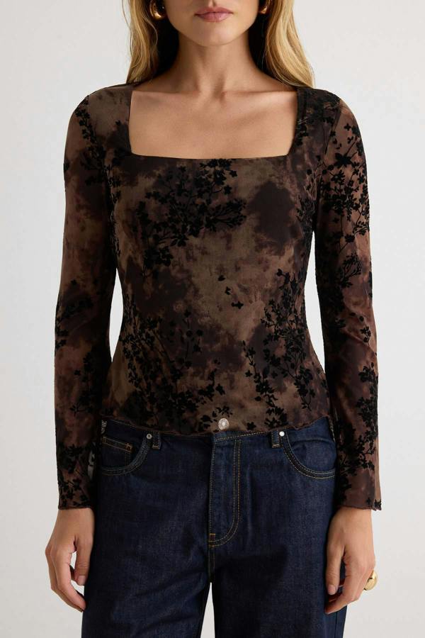 Square Neck Spanish Sleeve Fitted Mesh Blouse