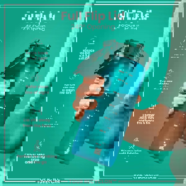 A teal water bottle with a full flip lid is held by a person. The lid opens 240 degrees. The bottle has measurements in milliliters and ounces. TOUR RECYCLON™ is printed on the bottom.