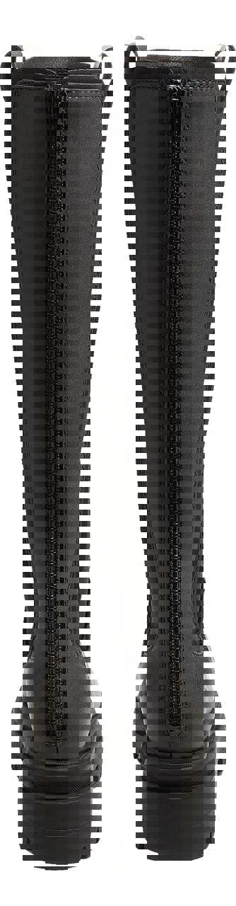 Rocket Dog Drea Womens Tall Knee High Full Zip Up Wedge Boots, front view showing the full-length zipper and chunky sole.