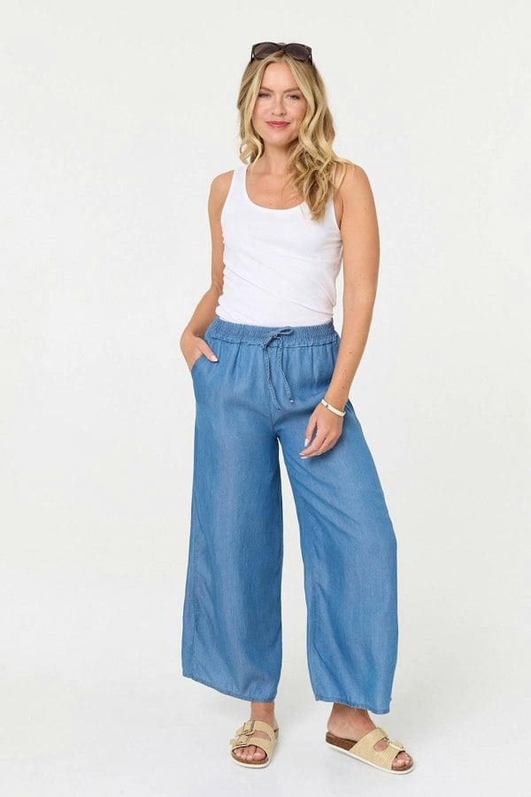 Blue | Elasticated Tie Waist Wide Trousers
