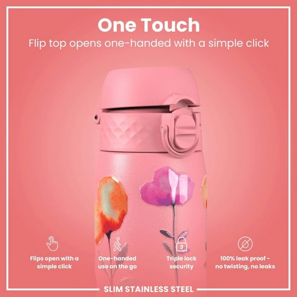 ION8 Leak Proof Slim Water Bottle, Stainless Steel, Flowers, 600ml (20oz)