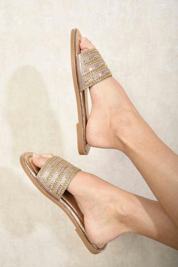 Melinda Open Toe Embellished Flat Sandals - Champagne