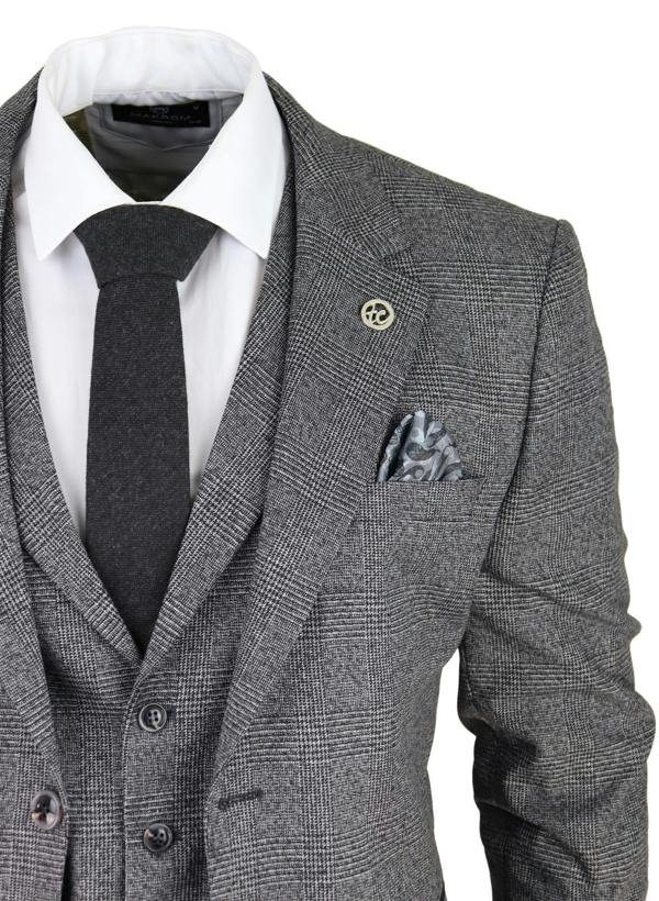 TruClothing Mens Grey 3 Piece Suit Prince of Wales Check Classic Tailored Fit Wedding Suit
