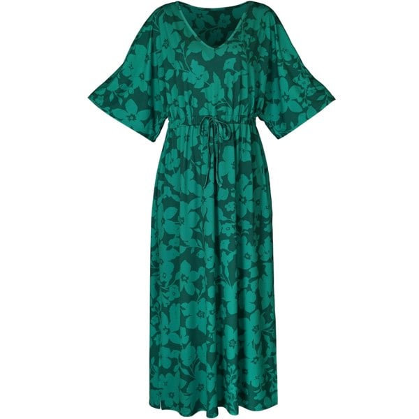 Antonia York Floral Print Kaftan Luna V-Neck Elasticated Waist Soft Jersey Dress - Green