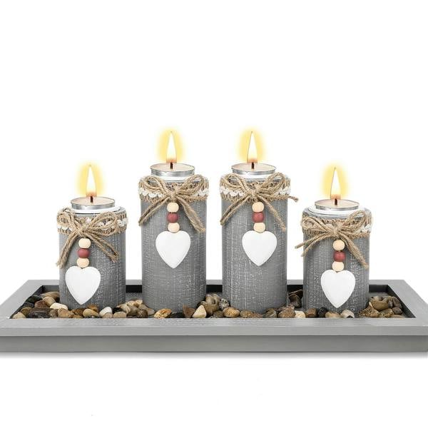deAO Toys Wooden Tealight Candle Holder Set of 4 with Decorative Tray Multiple holder Table Centrepiece for Home Decor Valentine's Day