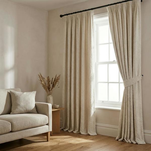 Athens made-to-measure curtains in Pearla, styled in a living room