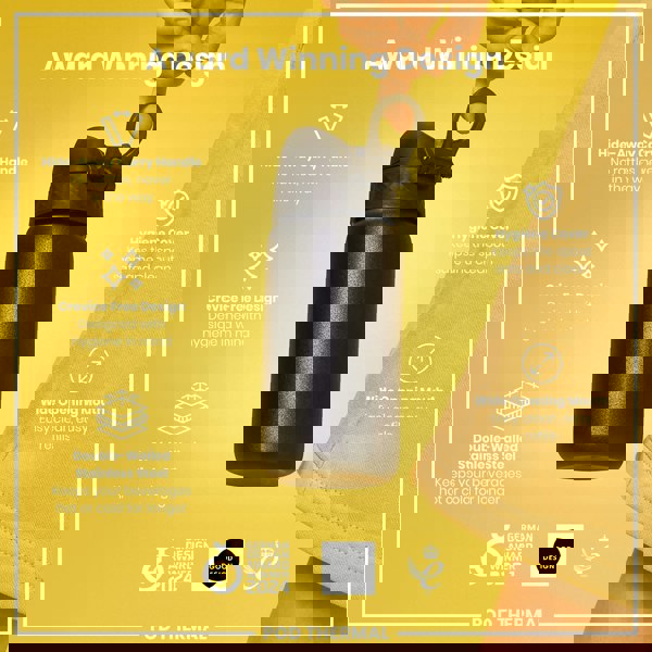 A black, double-walled stainless steel water bottle is being held against a yellow background. The bottle features a hide-away carry handle, crevice-free design, hygiene cover, and a wide opening mouth. It's a 2024 German Design Award winner.