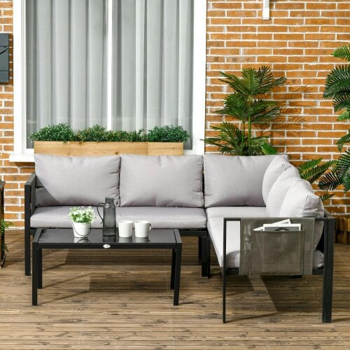 Bobobiy 5 Seater Garden Corner Sofa Set, 4 Pieces Metal Garden Set with Loveseats, Glass Top Coffee Table, Light Grey
