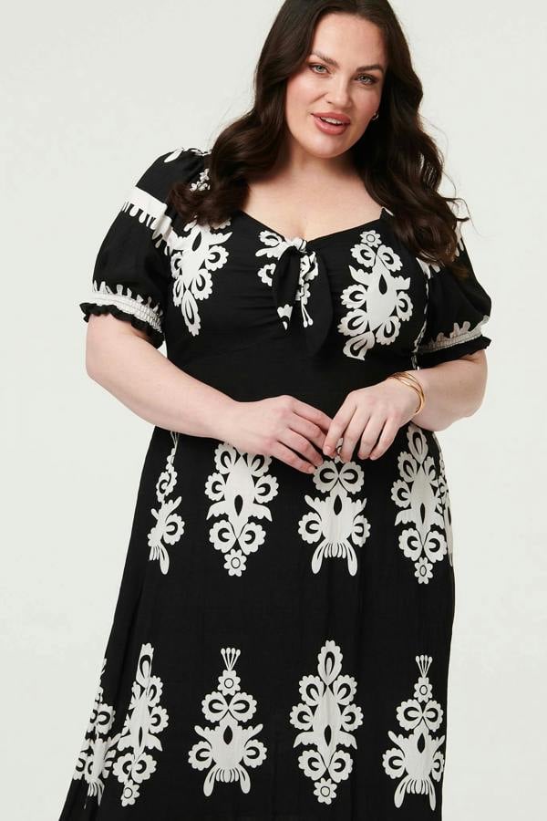 Black | Curve Printed Puff Sleeve Tie Midi Dress