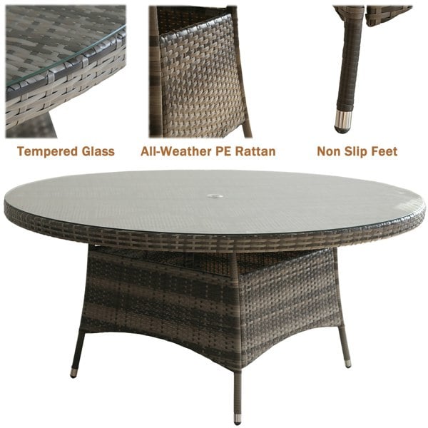 Furniture One 7 PCS Aluminium Rattan Garden Furniture 4 Seat Set, 135CM Round Tempered Glass Dining Table + 6 Chairs Set Full Assembly