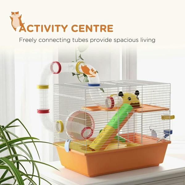 Orange gerbil cage with connected tubes, ladders, platforms, and wheel