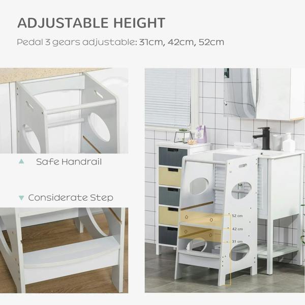 Kids step stool tower with safe handrail and step, white frame and shelves