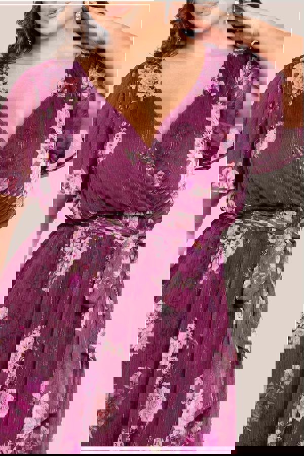 Floral Print Wrap Chiffon Midi Dress - Berry Floral DR3435PQZ