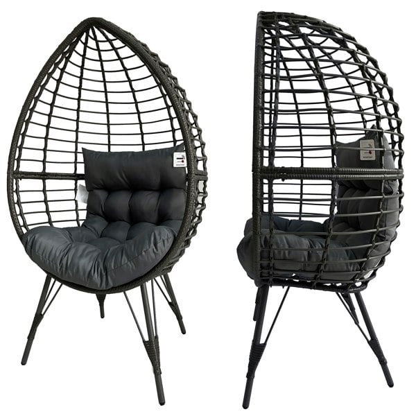 Furniture One Rattan Standing Egg Chair, Patio Weave Cocoon Seat with Removable Water-Resistant Cushions, Metal Waterproof Frame Stand