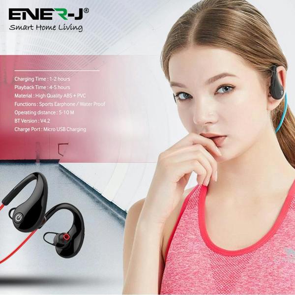 ENER-J Wireless Bluetooth Sports Earbuds, CVC 6.0 Noise Reduction, Built-In Mic, 4 Hour Playtime, IPX4 Waterproof, Power Display