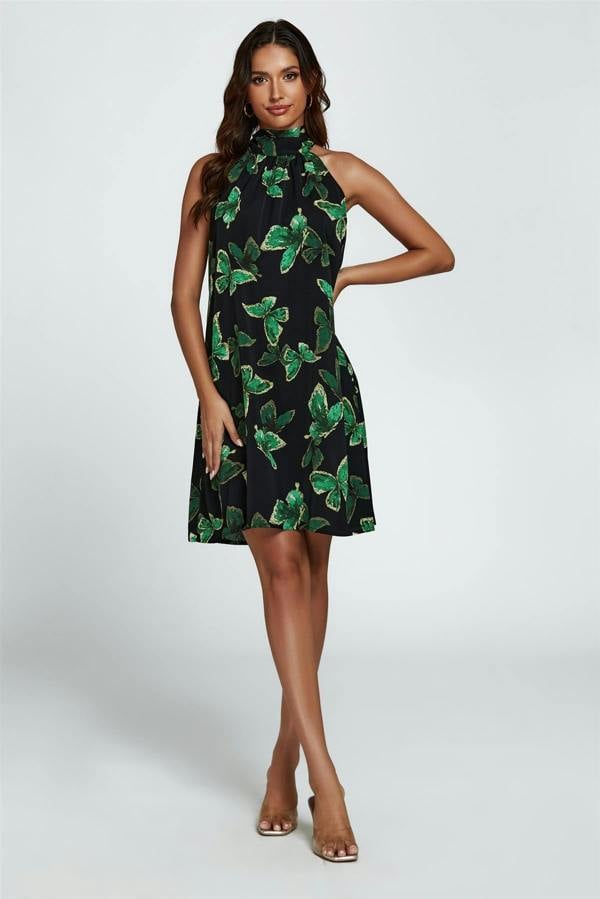 FS Collection Butterfly Print Halter Neck Tie Back Mini Dress In Green