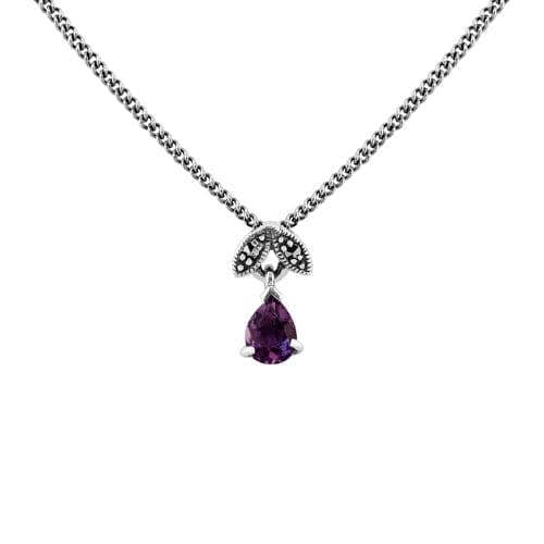 Art Nouveau Style Pear Amethyst & Marcasite Pendant in 925 Sterling Silver - Gemondo