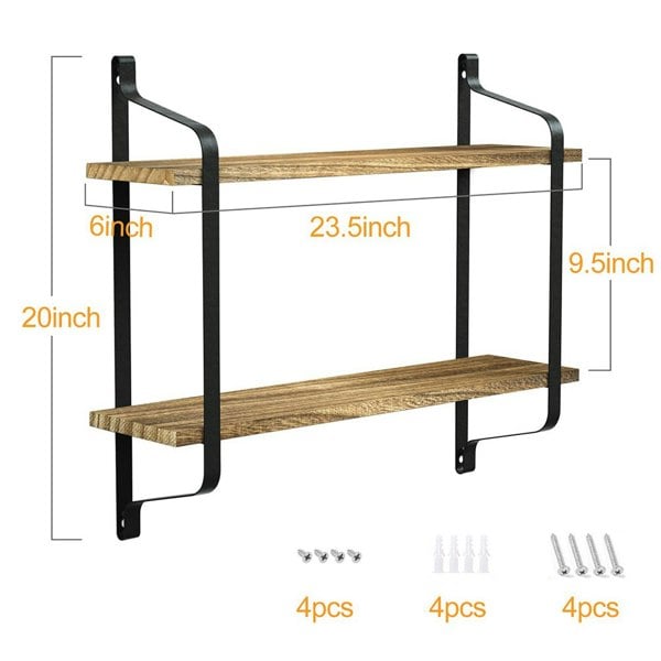 Living and Home 2 Tiers Wall Mounted Industrial Style Classic Metal Wire Tidy Wooden Decor Floating Shelf Display Rack Organizer
