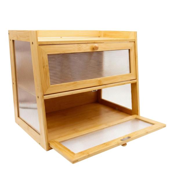 Maison des Cadeaux Large 2-Tier Bamboo Bread Bin with Fluted Windows