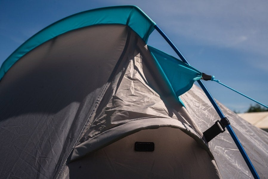 Stafford 2.0 OLPRO x Ed Stafford vent, shot from a low angle. The vent provides airflow for the tent