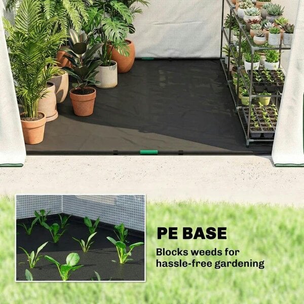 Bobobiy Walk-in Greenhouse for Outdoors with Steel Frame, Large Plant House with Roll-up Door and PE Ground Cover, White